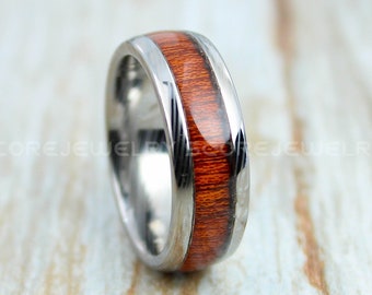 Redwood Ring, Wood Ring, 8mm Tungsten Band with Genuine Redwood Inlay Damascus Steel Pattern Laser Engraved Silver Tungsten Wedding
