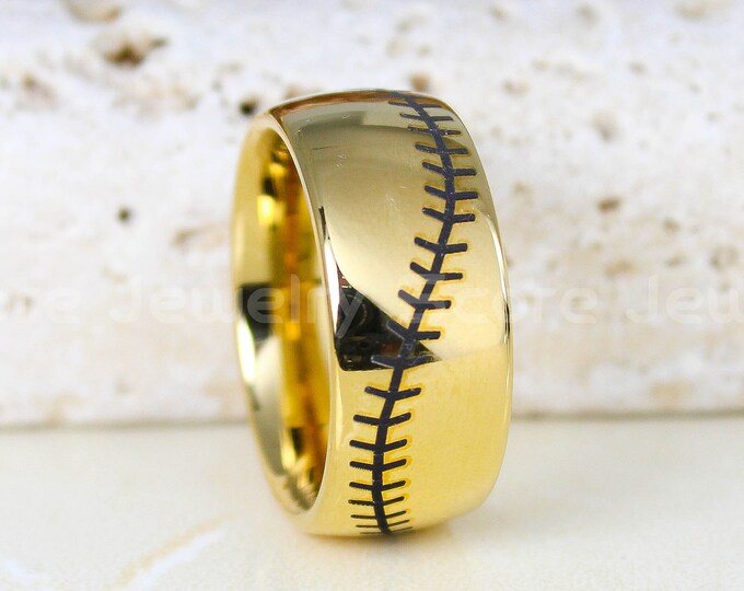 Baseball Ring, Baseball Wedding Ring, 10mm 14K Yellow Gold Tungsten Ring with Domed Edge Baseball Stitch Pattern, Yellow Gold Wedding Ring