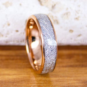 Meteorit Ring, Meteorit Trauring, Rosegold Wolfram Meteorit Ehering, Meteorit Ring mit Imitation Meteorit Textur Inlay