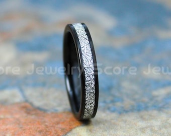 Meteorit Ring, Meteor Ring, 4 mm Schwarzer Wolfram Ehering, Wolframring mit Meteorit Inlay