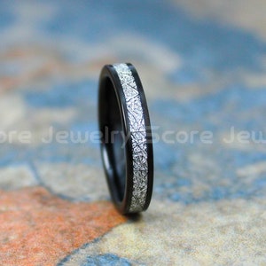 Meteorite Ring, Meteor Ring, 4mm Black Wedding Band, Black Tungsten Wedding Ring, Tungsten Ring with Imitation Meteorite Texture Inlay