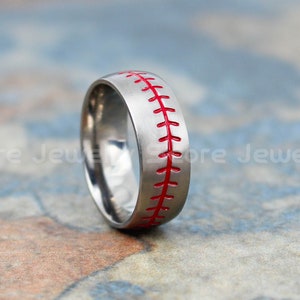 Baseball Ring, Baseball Wedding Ring, 8mm Silver Titanium Wedding Band, Red Baseball Stitch Pattern, Silver Wedding Ring, Mens Wedding Ring