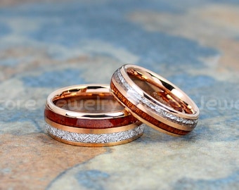 2 Piece Couple Set 14K Rose Gold Tungsten 2 Tiered Meteorite Koa Wood Wedding Bands Meteorite Rings with Imitation Meteorite Texture Inlay