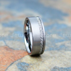 Meteorite Ring, Meteor Ring, Silver Tungsten Wedding Band, Silver Tungsten Wedding Ring Tungsten Band with Imitation Meteorite Texture Inlay