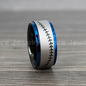 Baseball Ring, Baseball Jewelry, 10mm Black Tungsten Baseball Ring with Blue Step Edge Baseball Stitch Pattern, Black Baseball Ring
