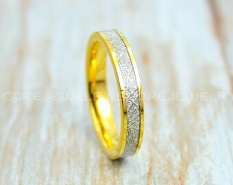 Meteorit Ring, Gelbgold Trauring, 4 mm Gelbgold Wolfram Meteorit Ehering mit Imitation Meteorit Textur Inlay, 4 mm Ring