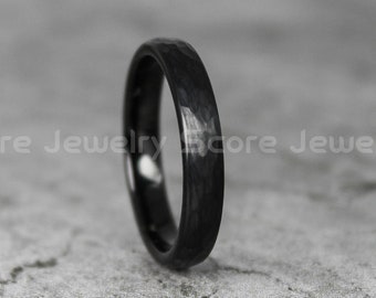 Hammered Ring, Hammered Band, 4mm Black Tungsten Band Matte Hammered Finish Tungsten Ring, Tungsten Wedding Ring Hammered Ring