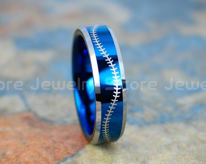 Baseball Ring, Baseball Jewelry, 6mm Blue Tungsten Band with Beveled Edge Baseball Stitch Pattern Ring, Blue Wedding Ring