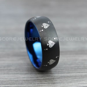 Ace of Spades Ring, Poker Ring, 8mm Black Tungsten Band with Domed Edge Ace of Spades Card Suit Pattern, Black Tungsten Ring, Poker Jewelry