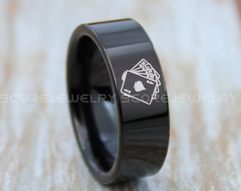 Ace of Spades Ring, 8mm Black Tungsten Band with Flat Edge, Spades Ring, Royal Flush Ring, Poker Ring, Poker Jewelry, Black Wedding Ring