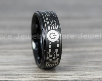 Circuit Board Ring, Teacher Ring, Black Tungsten Band with Black Step Edge Circuit Board Pattern Ring, 8mm Black Tungsten Ring