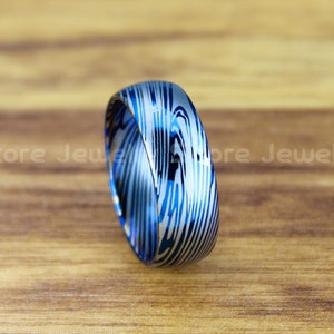 Damascus Steel Ring, Damascus Steel Wedding Ring, 8mm Blue Tungsten Band with Damascus Steel Pattern Laser Engraved, Blue Tungsten Ring