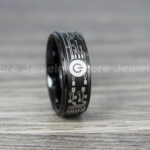 Circuit Board Ring, Teacher Ring, Black Tungsten Band with Black Step Edge Circuit Board Pattern Ring, 8mm Black Tungsten Ring