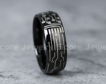 circuit board ring etsyfree shipping free custom engraving 8mm black tungsten band with domed edge circuit board pattern ring 8mm black tungsten wedding ring