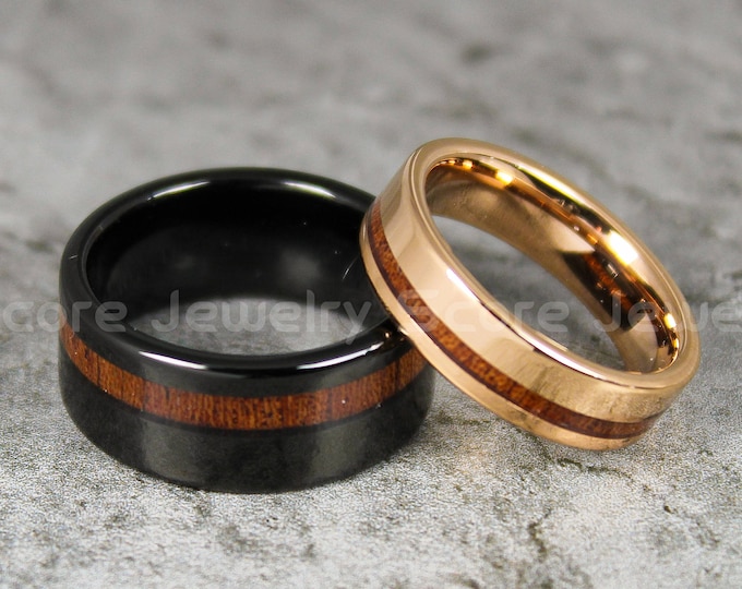Wood Wedding Ring, 2 Piece Couple Set Tungsten Wedding Bands with Flat Edge and Genuine Rosewood Inlay, Black Tungsten Wedding Rings