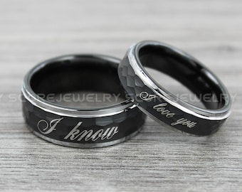 I Love You I Know Rings, 2 Piece Couple Set Black Tungsten Bands Hammered Finish I Love You I Know Rings, Black Tungsten Wedding Rings