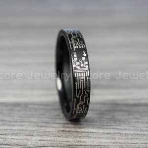 Circuit Board Ring, Engineer Ring, Science Ring, Physics Ring, Teacher Ring, Black Tungsten Band Circuit Board Pattern Ring 4mm Wedding Ring