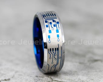 Circuit Board Ring, Gamer Ring, 8mm Blue Tungsten Band with Beveled Edge Circuit Board Pattern, Blue Tungsten Wedding Ring Blue Wedding Band