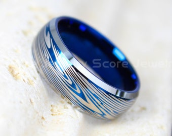 Damascus Steel Ring, 8mm Blue Tungsten Band with Domed Silver Edge Damascus Steel Pattern Laser Engraved Blue Tungsten Wedding Ring