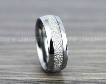 Meteorite Ring, Meteor Ring, Silver Tungsten Band with Imitation Meteorite Inlay, Silver Tungsten Meteorite Wedding Ring, Meteor Wedding