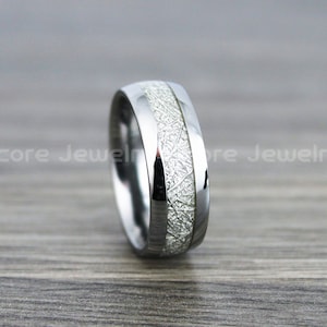Meteorite Ring, Meteor Ring, Silver Tungsten Band with Imitation Meteorite Inlay, Silver Tungsten Meteorite Wedding Ring, Meteor Wedding