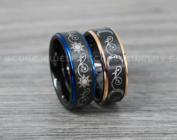 Sun and Moon Rings, 2 Piece Couple Set Tungsten Bands with Step Edge Tribal Sun and Moon Rings - 8mm Tungsten Wedding Rings