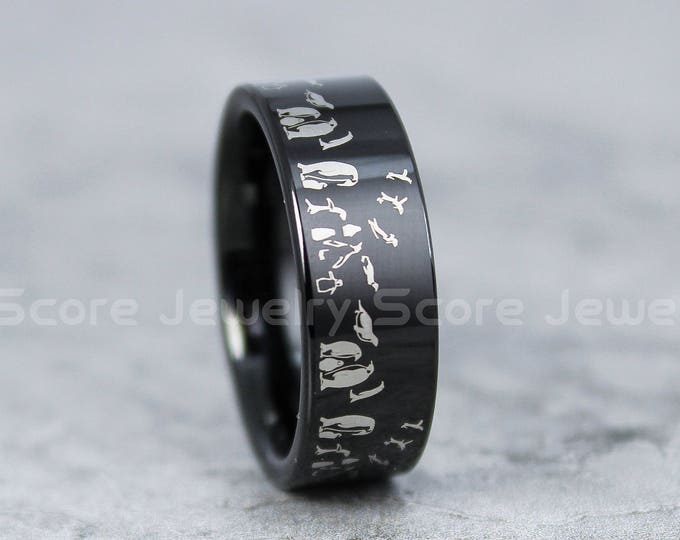 Penguins Ring, Penguin Jewelry, 8mm Black Tungsten Band with Flat Edge Penguins in Arctic Scene 8mm Black Tungsten Wedding Ring