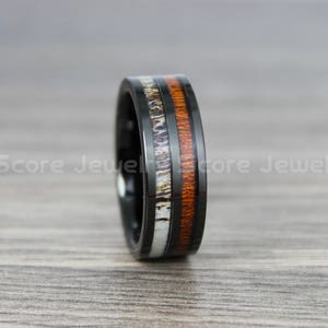 Antler Ring, Deer Antler Ring, 8mm Black Tungsten Band with Genuine Koa Wood and Antler Inlay 8mm Koa Wood Tungsten Wedding Ring Antler Ring