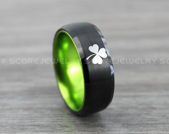 Irish Ring, Clover Ring, Shamrock Ring, Irish Jewelry, 8mm Black Tungsten Band Domed Edge Celtic Ring, St. Patrick's Day Gift, Ireland Ring