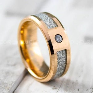 Meteorit-Ring, 8 mm 14K Rosegold Wolfram Meteorit-Band Weiß AAA CZ-Stein Wolfram Meteorit-Ring mit Imitation Meteorit Textur Inlay