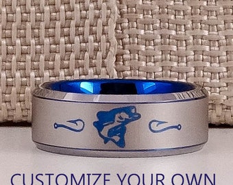 Fishing Ring, Fish Hooks Ring, 8mm Blue Tungsten Band with Beveled Edge, Hunting Ring, Fishing Ring, 8mm Blue Tungsten Wedding Ring