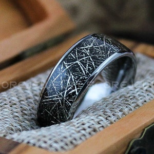 Meteorite Ring, 8mm Silver Tungsten Ring with Black Meteorite Inlay, Silver Tungsten Meteorite Ring with Imitation Meteorite Texture Inlay