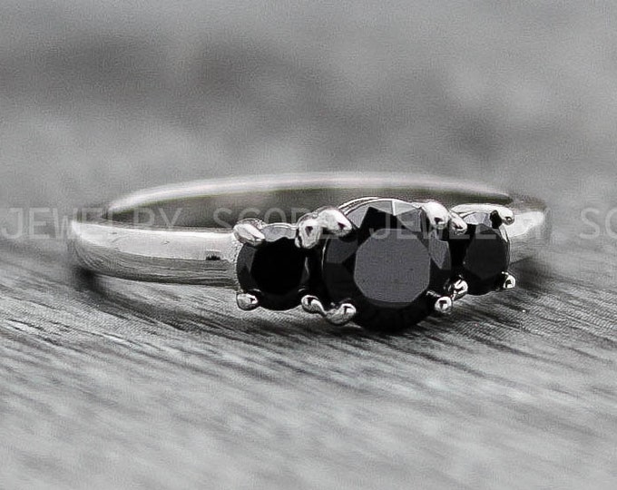 Black Diamond Ring, Obsidian Ring, Obsidian Jewelry, Sterling Silver Three Stone Engagement Ring, Engagement Ring, Silver Wedding Ring