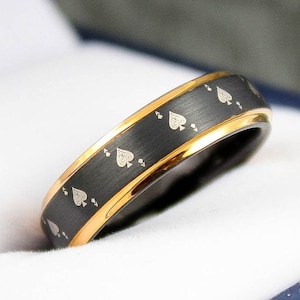 Ace of Spades Ring, Poker Ring, Poker Jewelry, 6mm Black Tungsten Band with Step Edge Ace of Spades Card Suit Pattern. Black Wedding Ring