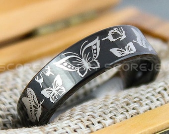 Anello a farfalla, gioielli a farfalla, fede nuziale a farfalla, fascia nera da 6 mm con bordo piatto, fede nuziale a farfalla, anello a farfalla nero