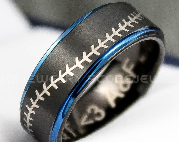 Baseball Ring, Baseball Wedding Ring, 8mm Black Tungsten Baseball Ring with Blue Step Edge Baseball Stitch Pattern, Black Wedding Ring