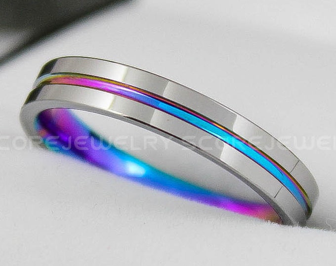 Rainbow Ring, Rainbow Wedding Ring, 4mm Silver Tungsten Band with Flat Edge and Center Rainbow Groove Ring, 4mm Silver Tungsten Wedding Ring