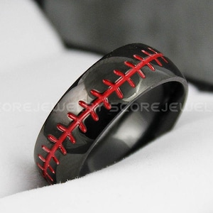 Baseball Ring, Baseball Wedding Ring, 8mm Black Titanium Wedding Ring, Baseball Ring with Domed Edge and Red Baseball Stitch Pattern