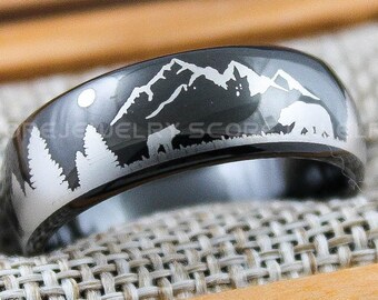 Forest Ring, Mountain Range Ring, Boreal Forest Ring, 8mm Black Tungsten Ring Fir Trees Ring, Outdoors Landscape Ring, Tungsten Wedding Ring