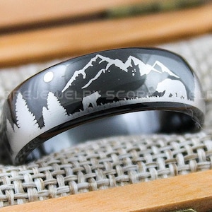 Forest Ring, Mountain Range Ring, Boreal Forest Ring, 8mm Black Tungsten Ring Fir Trees Ring, Outdoors Landscape Ring, Tungsten Wedding Ring