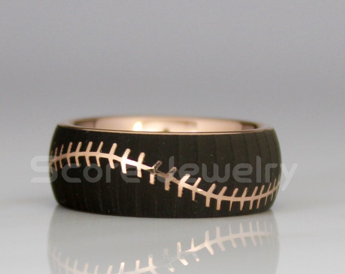 Baseball Ring, Baseball Jewelry, 14K Rose Gold Tungsten Band with Domed Edge Rose Gold Baseball Stitch Pattern Ring 8mm or 6mm Tungsten Ring