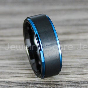 Schwarzer Ehering schwarzer Ehering, 8 mm schwarzer Wolframring mit blauer Stufenkante, schwarzer Wolfram Ehering, Herrenring