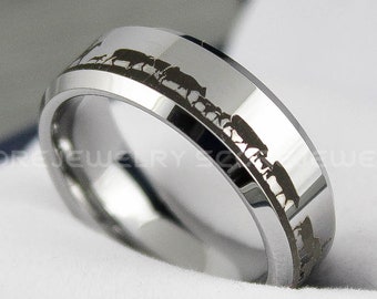Rancher Ring, Cowboys Ring, Silver Tungsten Wedding Band 8mm Tungsten Band Beveled Edge Cattle Rancher Cattle Herd Ring Cowboys Ring