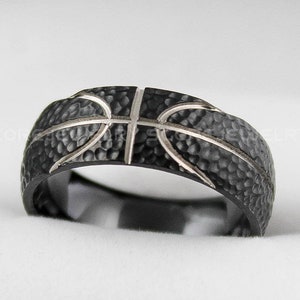 Basketball Ring, Basketball Wedding Ring, 8mm Black Titanium Wedding Band Basketball Seam Pattern Hammered Finish, Black Titanium Ring