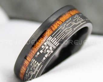 Circuit Board Ring, Koa Wood Ring, 8mm Black Tungsten Wedding Band with Flat Edge Koa Wood Off Center Groove Circuit Board Pattern Ring