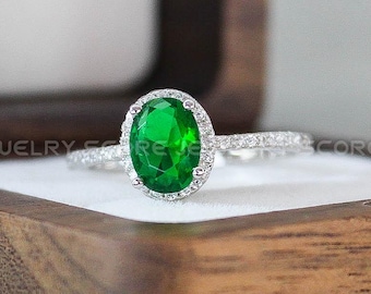 Halo Green Emerald CZ 925 Sterling Silver Engagement Ring, Emerald Engagement Ring, Art Deco Ring Cushion Three Stone Wedding Bridal Ring