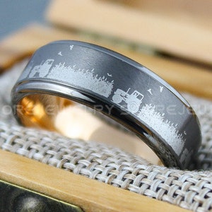 Tractor Ring, Farmer Ring, Rancher Ring 8mm Gunmetal Tungsten Band with Step Edge Tractor in Corn Field Scene Laser Engraved