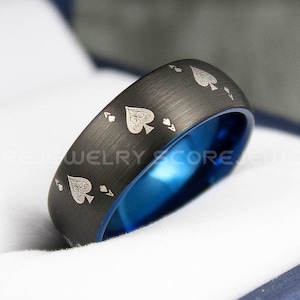 Ace of Spades Ring, Poker Ring, Poker Jewelry, 8mm Black Tungsten Band with Domed Edge Ace of Spades Card Suit Pattern. Black Wedding Ring