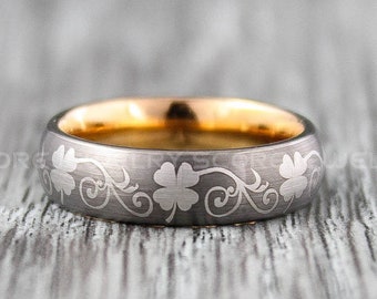 Irish Ring, Clover Ring, Shamrock Ring, Irish Jewelry, Gunmetal Tungsten Band Domed Edge Celtic Ring, St. Patrick's Day Gift, Ireland Ring
