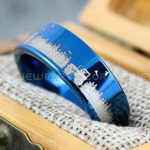 Tractor Ring, Farmer Ring, Rancher Ring 8mm Blue Tungsten Band with Flat Edge Tractor in Corn Field Scene Laser Engraved, Blue Wedding Ring